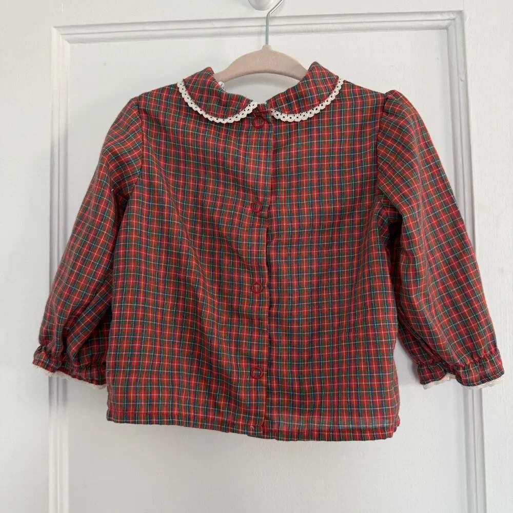 Carter's Vintage Blouse Festive Christmas Red Plaid Lace Peter Pan Collar Sz 18m